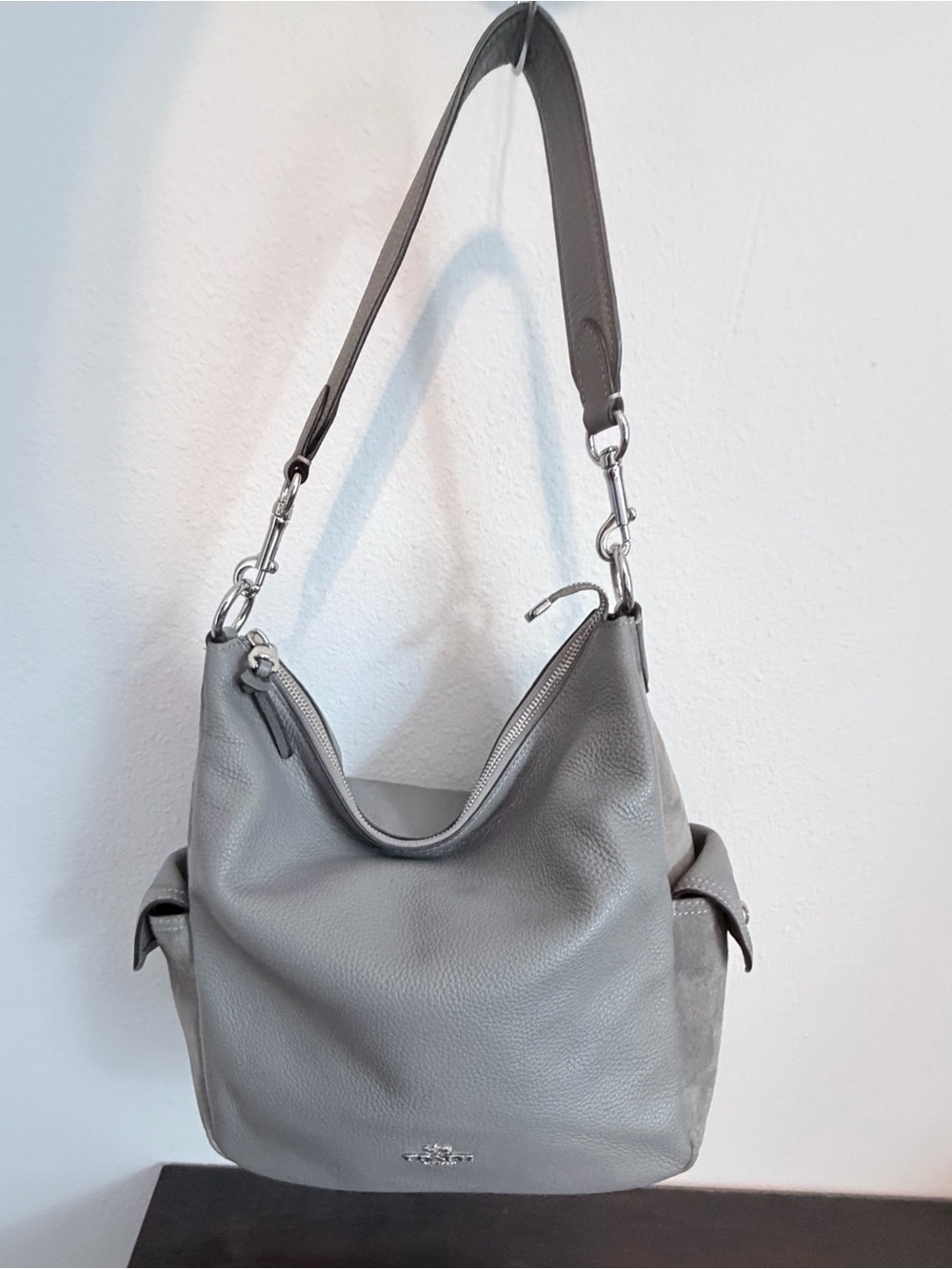 COACH Pennie Pebbled Leather & Suede Shoulder Bag Light Gray Style F2181-C1522 - Picture 12 of 12